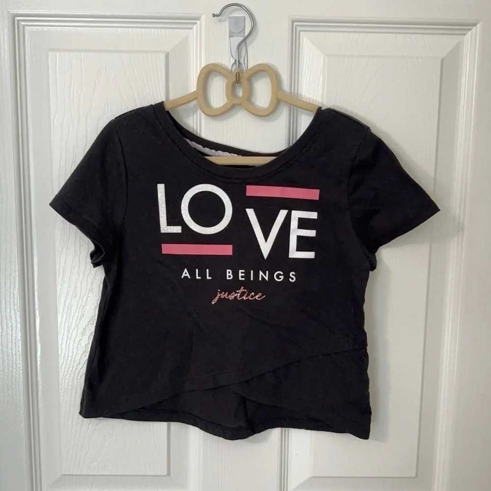 Justice Black Tee with Pink and White Accents
